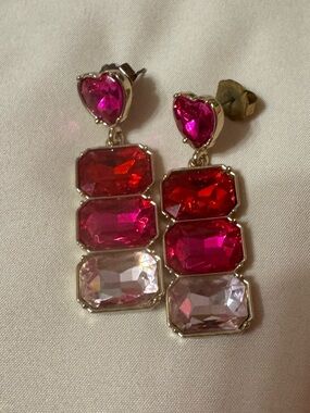 Brianna Cannon Heart Drop Crystal Earrings in Pink and Red